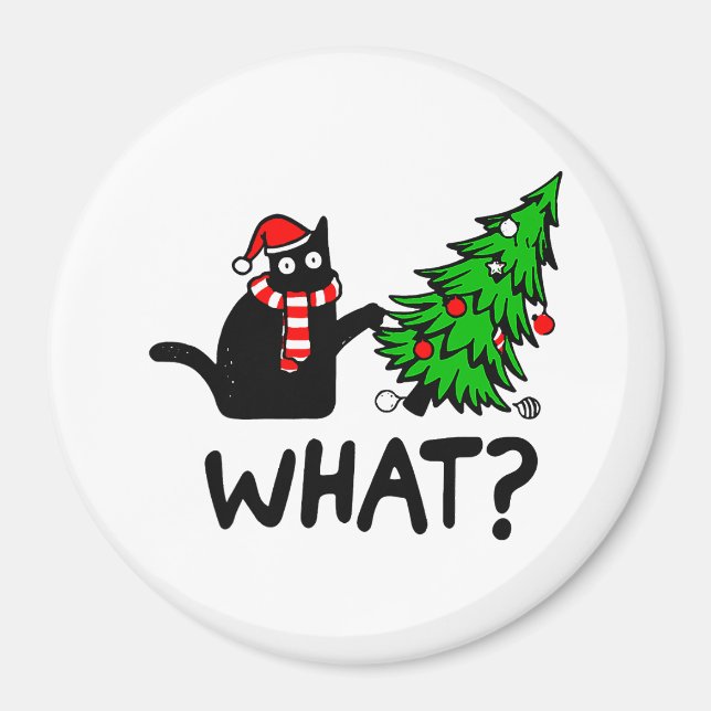 Funny Black Cat Pushing Christmas Tree Pet Lover Magnet (Vorne)