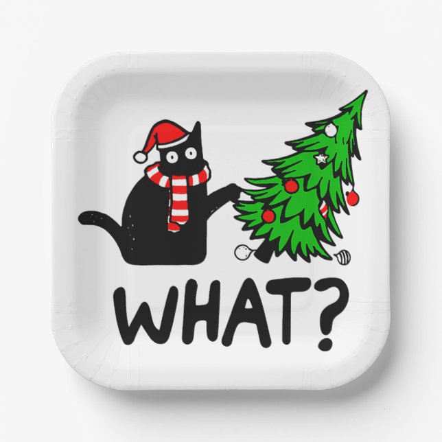 Funny Black Cat Pushing Christmas Tree Pet Lover Pappteller (Vorderseite)
