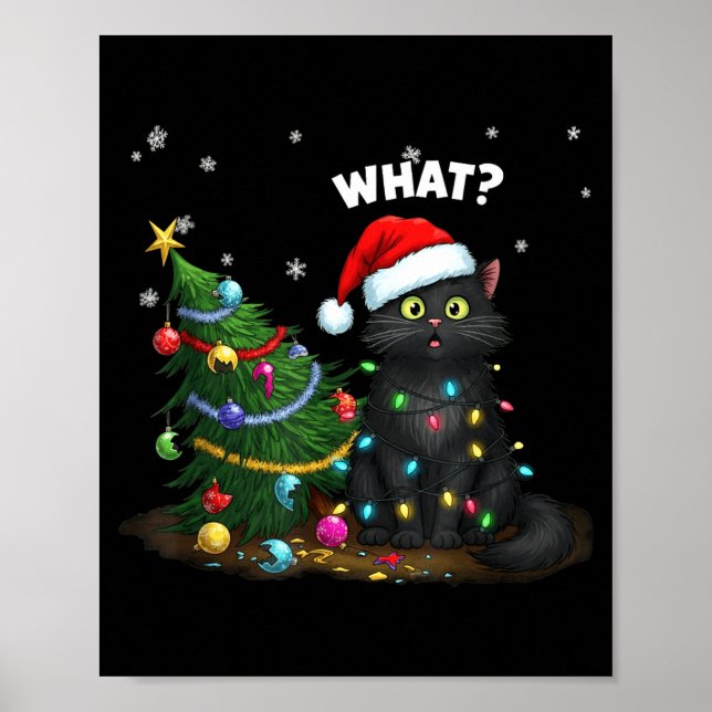 Funny Black Cat Pushing Christmas Tree  Poster (Vorne)