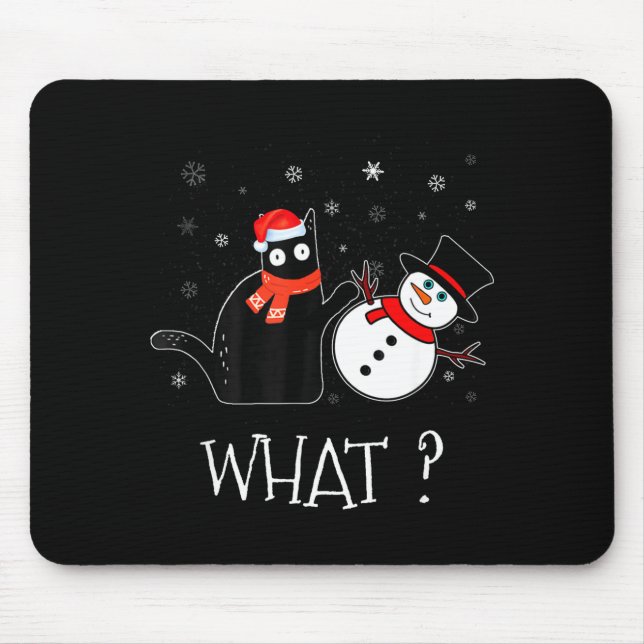 Funny Black Cat Pushing Snowman Christmas Winter C Mousepad (Vorne)