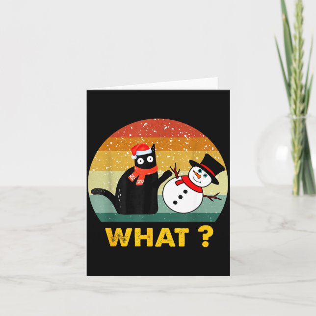 Funny Black Cat Pushing Snowman Xmas Winter Costum Karte (Vorderseite)