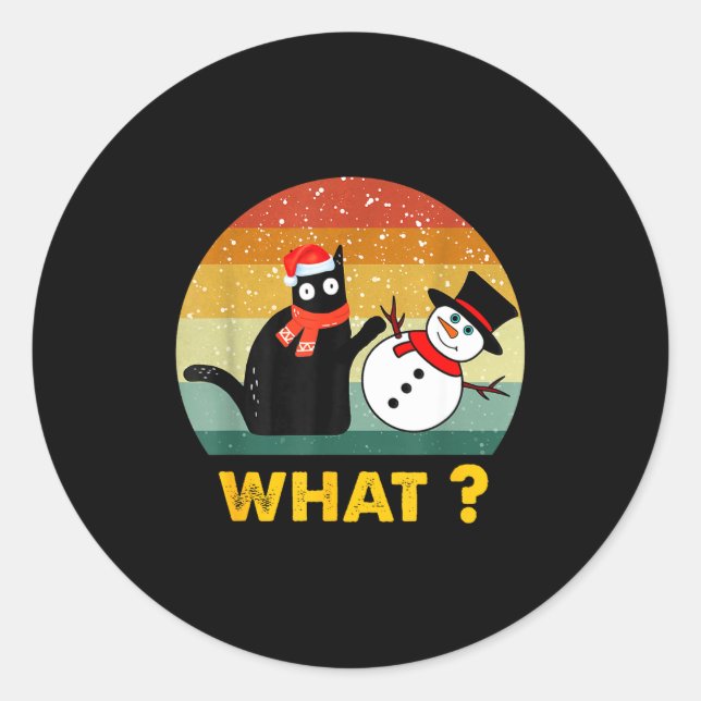 Funny Black Cat Pushing Snowman Xmas Winter Costum Runder Aufkleber (Vorderseite)