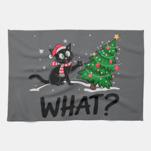 Funny Black Cat Pushing Weihnachtsbaum Katze Was? Geschirrtuch
