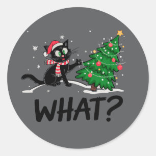 Funny Black Cat Pushing Weihnachtsbaum Katze Was? Runder Aufkleber