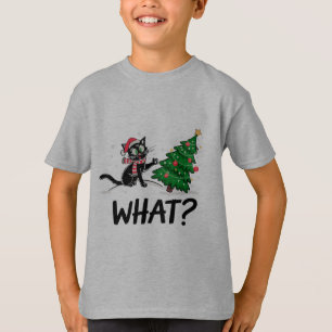 Funny Black Cat Pushing Weihnachtsbaum Katze Was? T-Shirt