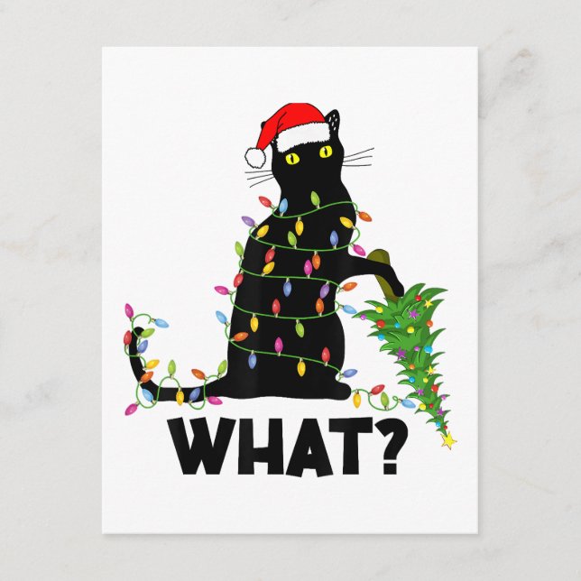 Funny Black Cat Pushing Weihnachtsbaum über Cat Ch Begleitkarte (Vorderseite)