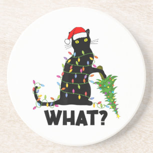 Funny Black Cat Pushing Weihnachtsbaum über Cat Ch Getränkeuntersetzer