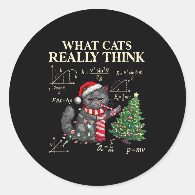 Funny Black Cat Pushing Xmas Tree Over Cats Physic Runder Aufkleber (Vorderseite)