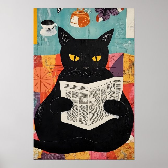Funny Black cat Reading Newspaper  Poster (Vorne)