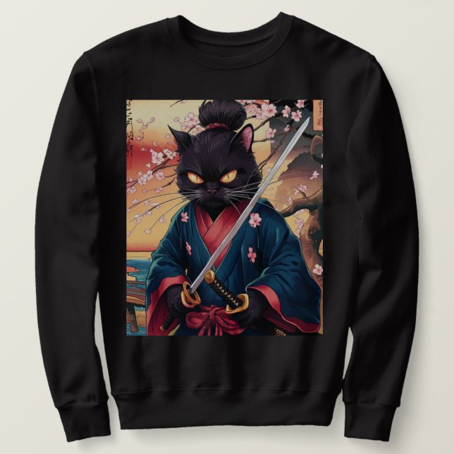 Funny Black Cat Samurai  Sweatshirt (Design vorne)