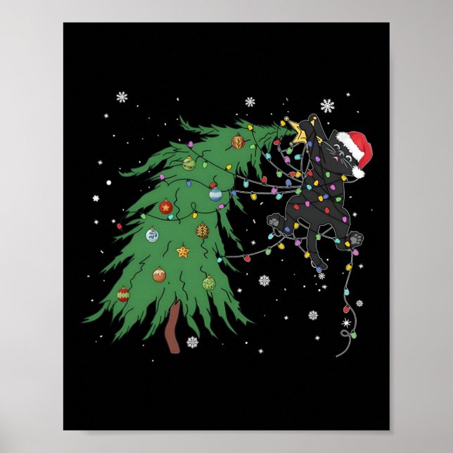 Funny Black Cat Santa hat sich im Weihnachtsbaum v Poster (Vorne)