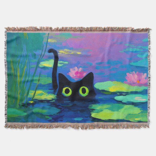 Funny Black Cat Schwimmen im Teich | Quirky Art Decke (Vorderseite)