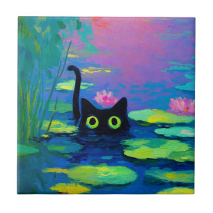 Funny Black Cat Schwimmen im Teich   Quirky Art Fliese