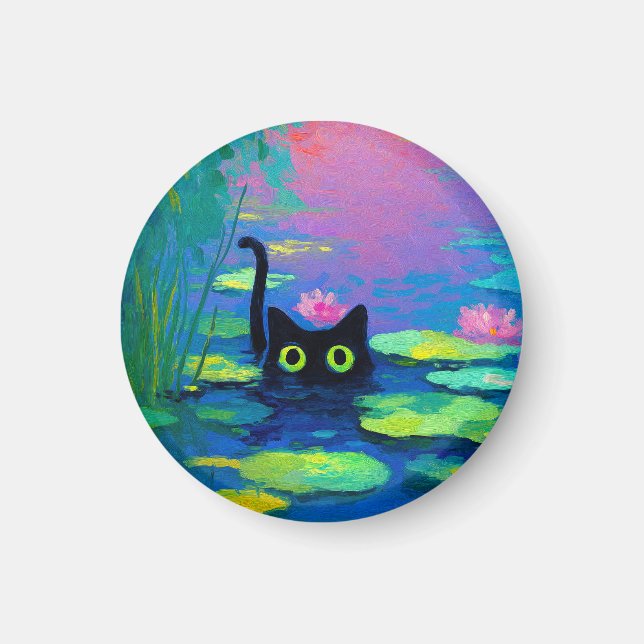 Funny Black Cat Schwimmen im Teich | Quirky Art Magnet (Vorne)