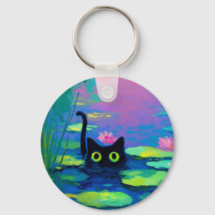 Funny Black Cat Schwimmen im Teich Quirky Art Schlüsselanhänger
