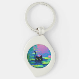 Funny Black Cat Schwimmen im Teich | Quirky Art Schlüsselanhänger