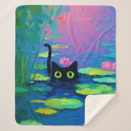 Funny Black Cat Schwimmen im Teich | Quirky Art Sherpadecke