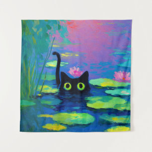 Funny Black Cat Schwimmen im Teich   Quirky Art Wandteppich