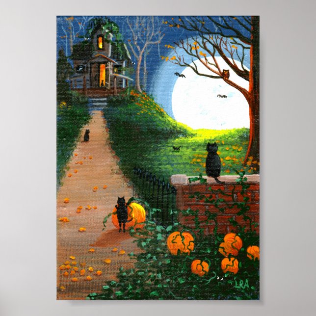 Funny Black Cat Spuk Haus Bäume Kreation Kunst Poster (Vorne)