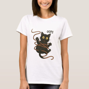 Funny Black Cat Tangled in Rope - Niedlicher Carto T-Shirt