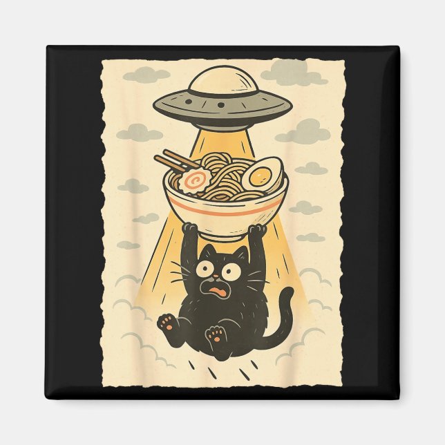 Funny Black Cat Ufo Ramen Alien Abduction Graphic  Magnet (Vorne)