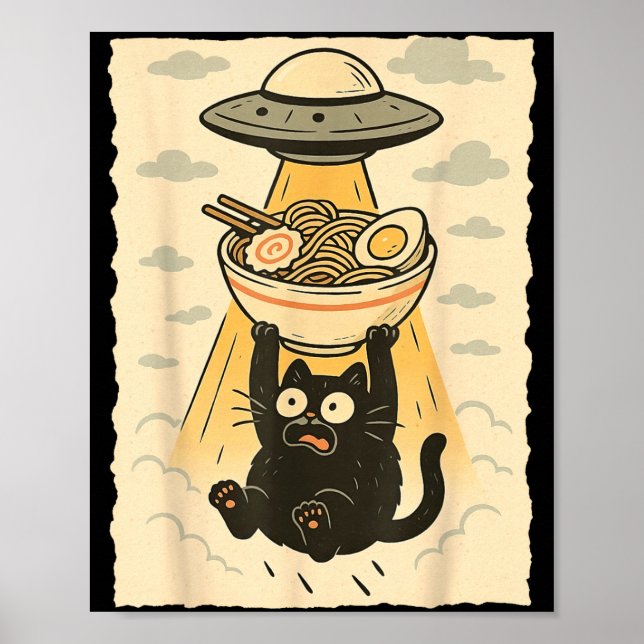 Funny Black Cat Ufo Ramen Alien Abduction Graphic  Poster (Vorne)