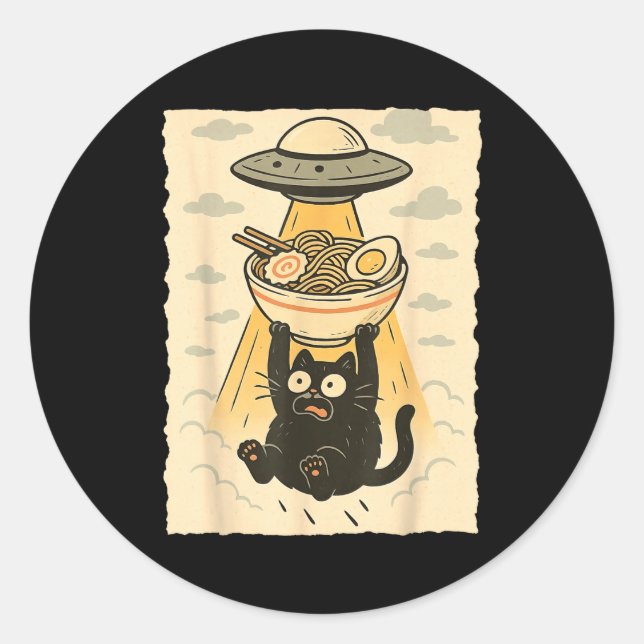 Funny Black Cat Ufo Ramen Alien Abduction Graphic  Runder Aufkleber (Vorderseite)