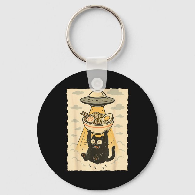 Funny Black Cat Ufo Ramen Alien Abduction Graphic  Schlüsselanhänger (Vorderseite)
