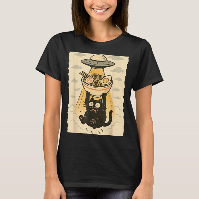 Funny Black Cat Ufo Ramen Alien Abduction Graphic  T-Shirt (Vorderseite)