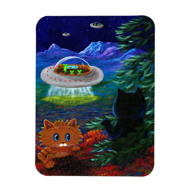 Funny Black Cat UFO Tabby Cat Flying Saucer Magnet (Vertikal)