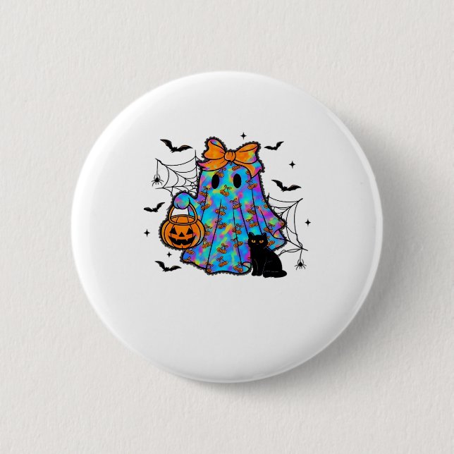 Funny Black Cat und Ghost Halloween Essential T-Sh Button (Vorderseite)
