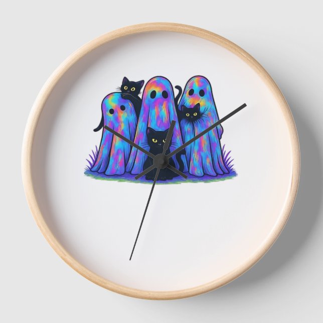 Funny Black Cat und Ghost Halloween Essential T-Sh Uhr (Vorderseite)
