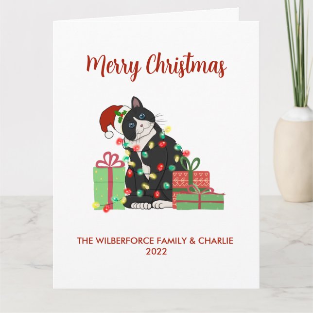 Funny Black Cat und Lights Weihnachten Karte (Vorderseite)