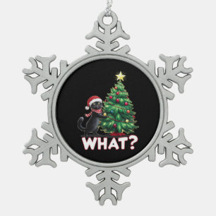 Funny Black Cat Was Weihnachtsbaum Weihnachten Schneeflocken Zinn-Ornament