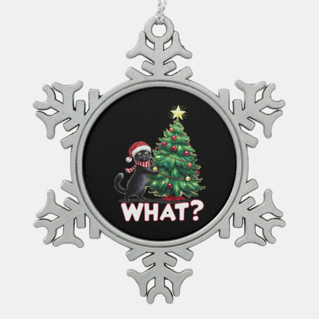 Funny Black Cat Was Weihnachtsbaum Weihnachten Schneeflocken Zinn-Ornament (Vorderseite)