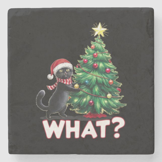 Funny Black Cat Was Weihnachtsbaum Weihnachten Steinuntersetzer (Vorderseite)