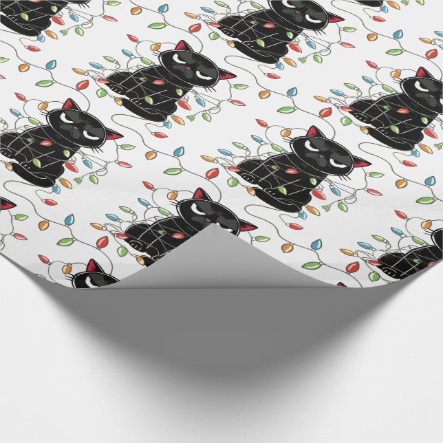 Funny Black Cat Weihnachtslicht Wrapping Paper Geschenkpapier (Ecke)