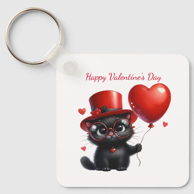 Funny Black Cat With Balloons Valentine's Day Schlüsselanhänger (Vorderseite)