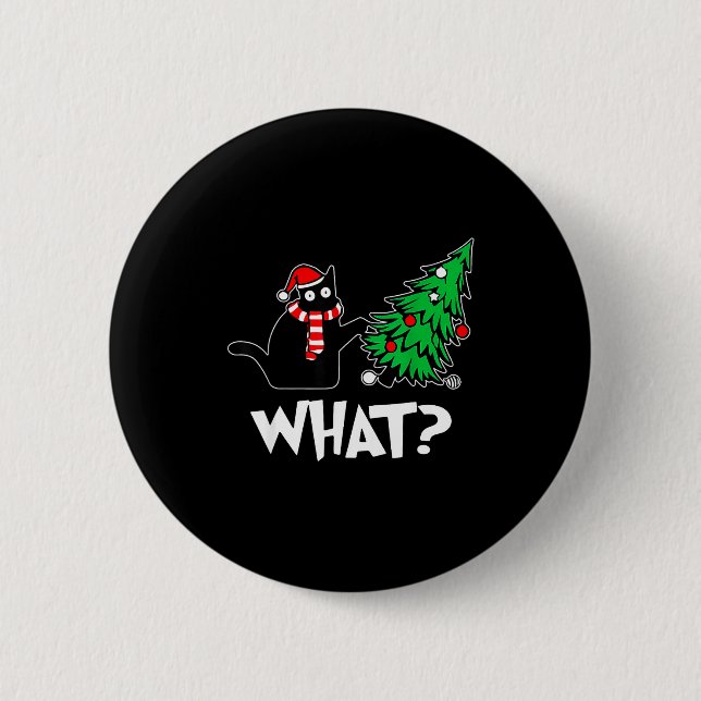 Funny Black Cat Xmas Pushing Christmas Tree Over C Button (Vorderseite)