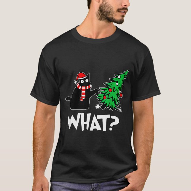 Funny Black Cat Xmas Pushing Christmas Tree Over C T-Shirt (Vorderseite)