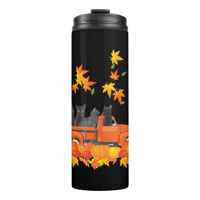 Funny Black Cats Lkw Autumn Pumpkin Mapsleaf Thermosbecher (Vorderseite)