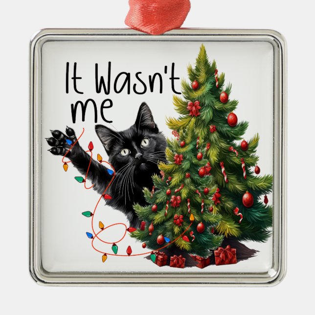 FUNNY BLACK CHRISTMAS CAT WITH TREM ORNAMENT AUS METALL (Vorne)