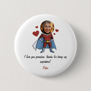 Funny Black & Maroon Cartoon Superhero Grandma Button