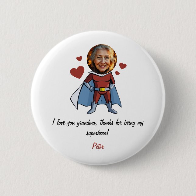 Funny Black & Maroon Cartoon Superhero Grandma Button (Vorderseite)