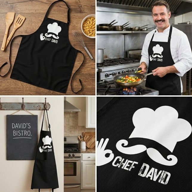 Funny Black Mustache Custom Schürze (chef aprons unique cooking housewarming funny birthday holiday modern script bbq fathers day gift)