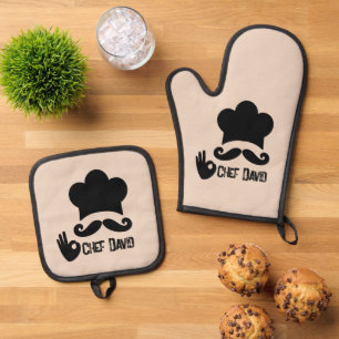 Funny Black Mustache Koch Custom Ofenhandschuh & Topflappen-Set
