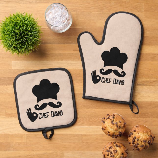 Funny Black Mustache Koch Custom Ofenhandschuh & Topflappen-Set (Oben Unten)