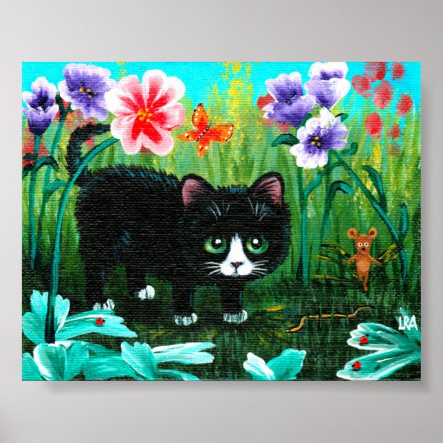 Funny Black Tuxedo Cat Mouse Kunst Kunst Poster (Vorne)