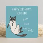 Funny Blue Eyes Siamese Cat Birthday Karte<br><div class="desc">Eine perfekte quadratisch blaue Geburtstagskarte mit miau miow zum Geburtstag eines Freundes oder einer Familie,  mit einem blauen Blick siamesische Katzenbild. Alle Texte können mit Ihrem eigenen Namen und Ihrer eigenen Nachricht leicht personalisiert werden. Die niedliche Katze ist ein Original,  das von artbybiyan digital erstellt wurde.</div>