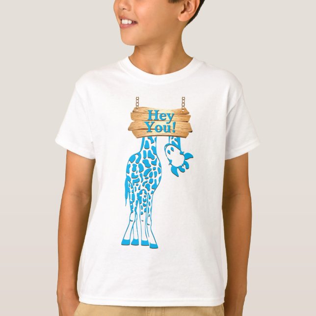 Funny Blue Giraffe Hey, du unterschreib T-Shirt (Vorderseite)